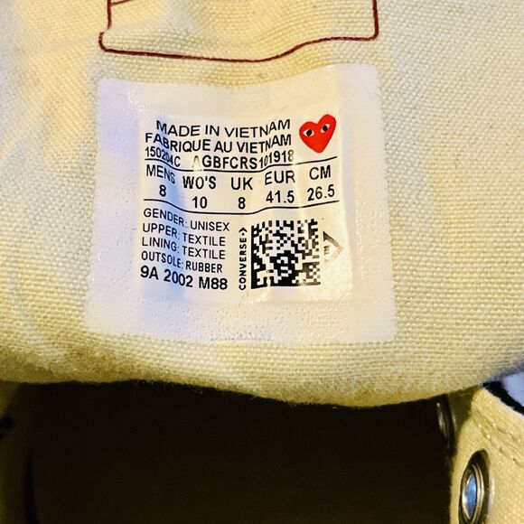 Converse x PLAY Comme des Garçons Chuck 70 M 8 W 10 Black Sneakers Heart 150204C - Picture 7 of 8